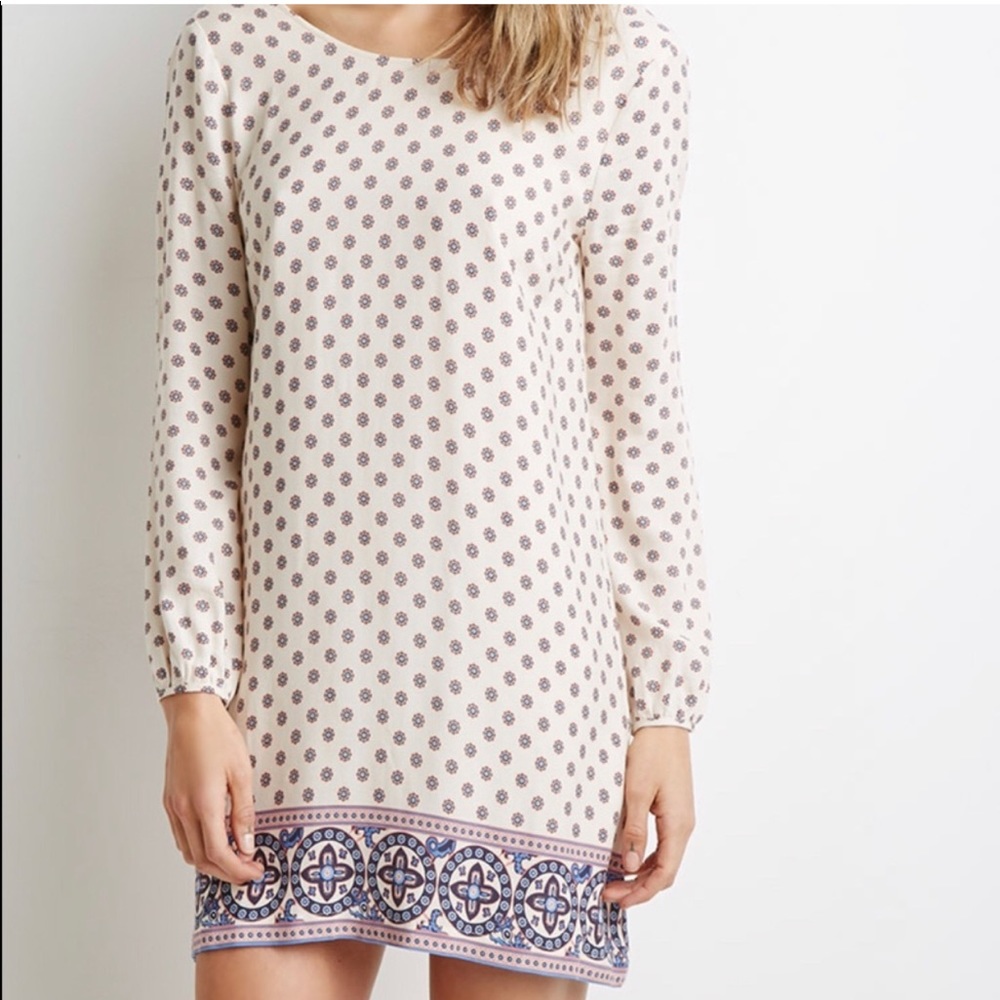 Forever 21 Cream Long Sleeve Shift Dress with Blue Print